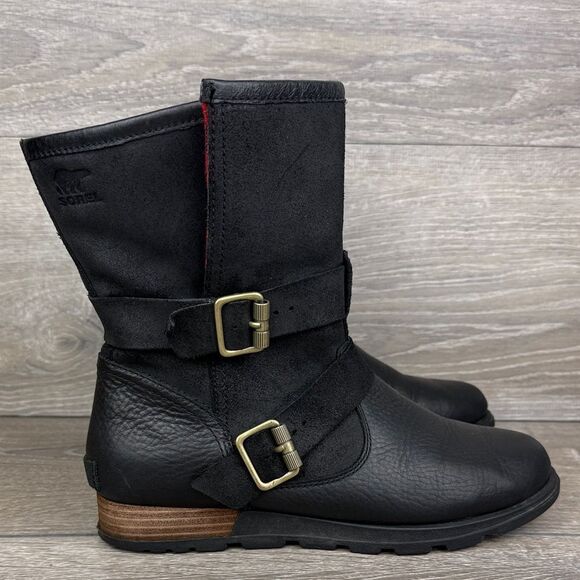 Sorel Major Moto Black Leather Women’s Sz 8 Waterproof Red Plaid Fold-Over Boots - Picture 1 of 14